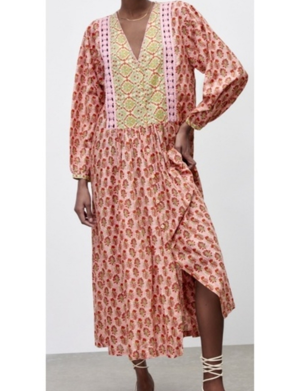 Zara Boho Pink Crochet Trim Printed Midi Dress S